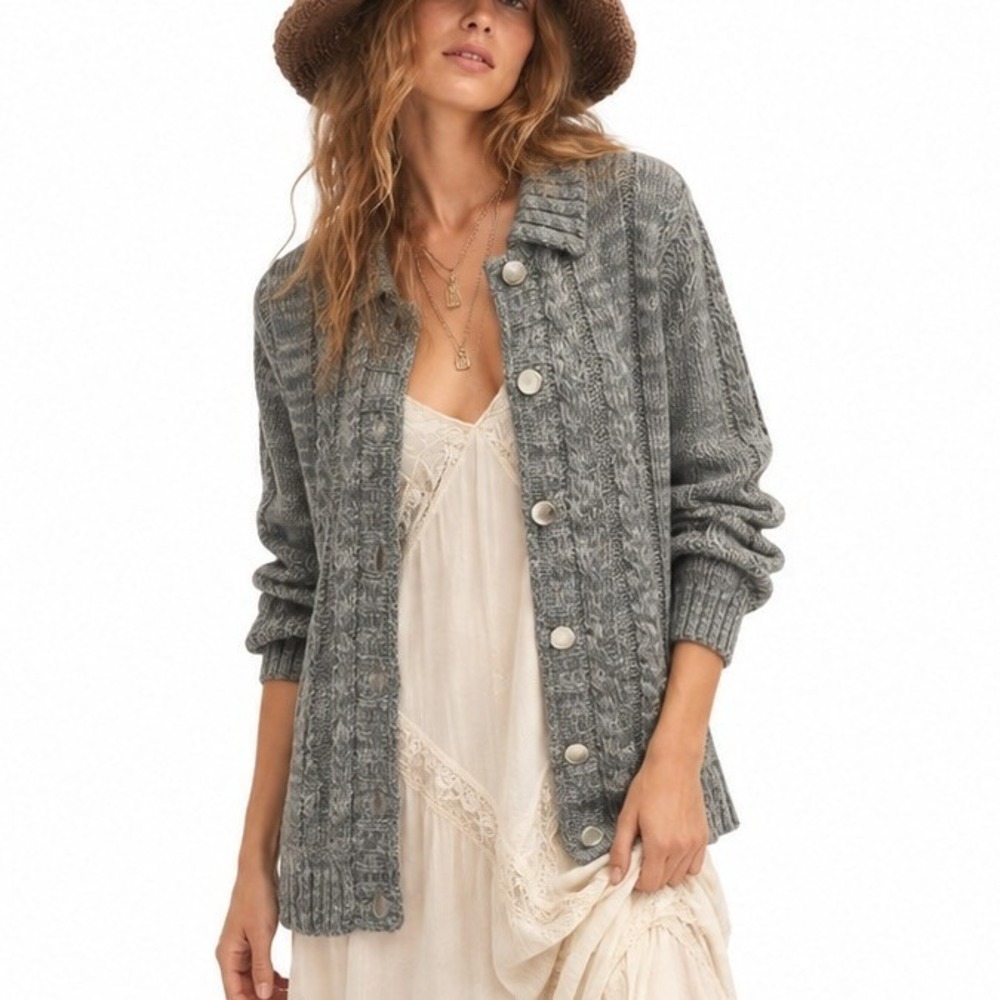 Vintage Cable Knit Cardigan Sweater Small Cozy Fisherman Grandpa Cottage Neutral
